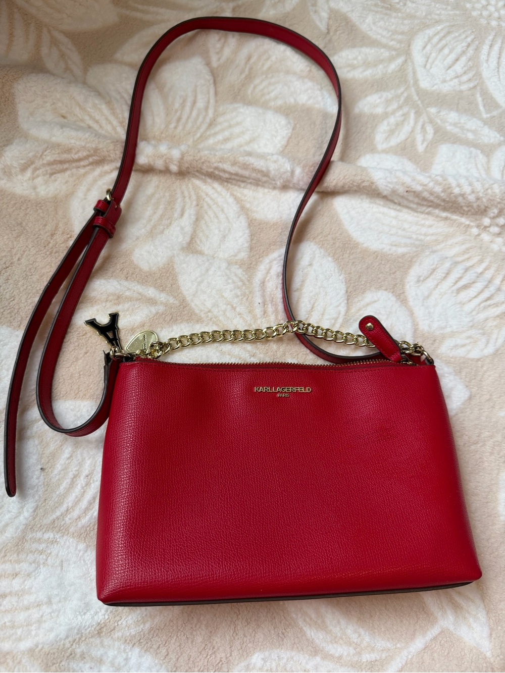 Karl Lagerfeld Red Leather Crossbody with Gold Chain Trim